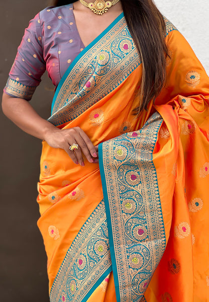 Orange Soft Silk with Sunflower Butta Meenakari Zari Saree Banarasi Saree Anant Tex Exports Pvt.Ltd..