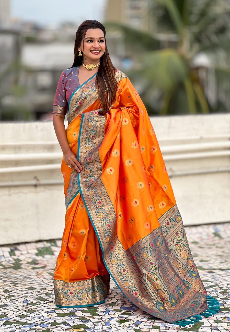 Orange Soft Silk with Sunflower Butta Meenakari Zari Saree Banarasi Saree Anant Tex Exports Pvt.Ltd..