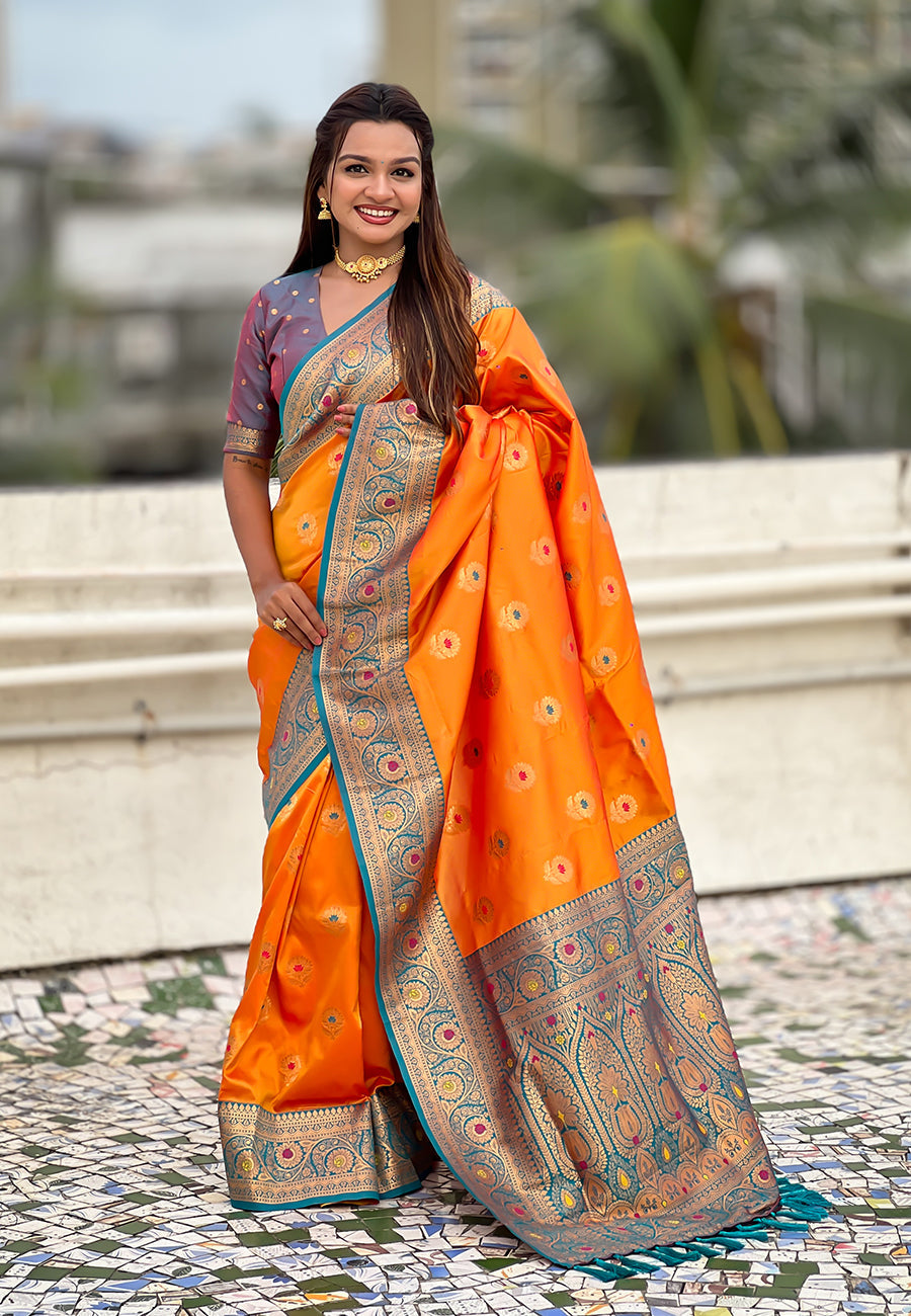 Orange Soft Silk with Sunflower Butta Meenakari Zari Saree Banarasi Saree Anant Tex Exports Pvt.Ltd..