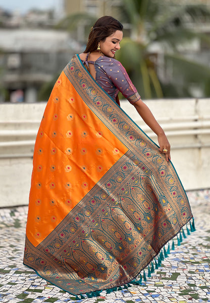 Orange Soft Silk with Sunflower Butta Meenakari Zari Saree Banarasi Saree Anant Tex Exports Pvt.Ltd..