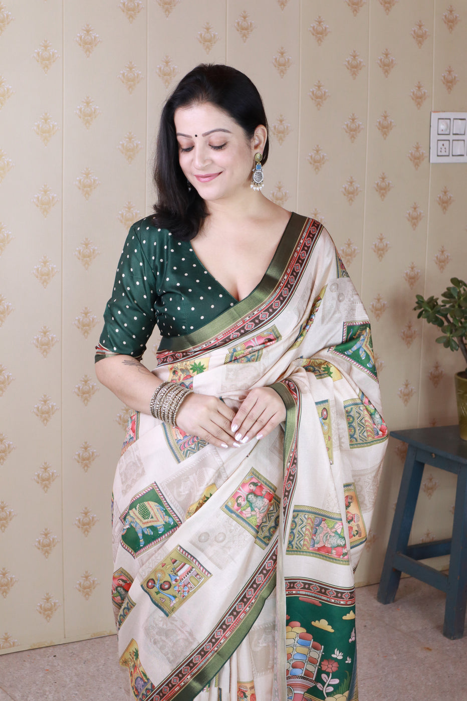 Green Pure Tussar Silk Bold Kalamkari Figure Printed Tussar Saree Tussar Saree Anant Tex Exports Pvt.Ltd..