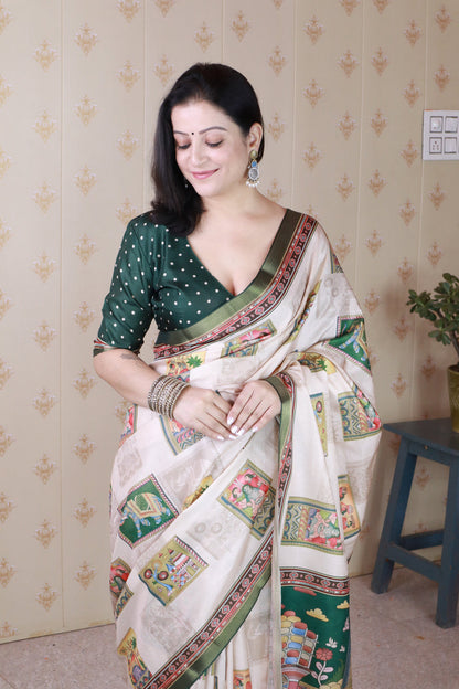 Green Pure Tussar Silk Bold Kalamkari Figure Printed Tussar Saree Tussar Saree Anant Tex Exports Pvt.Ltd..