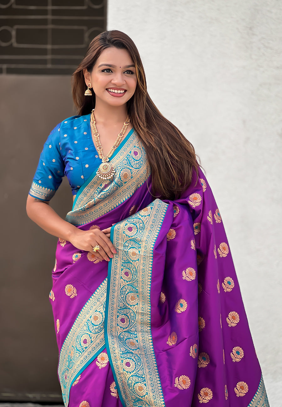 Wine Soft Silk with Sunflower Butta Meenakari Zari Saree