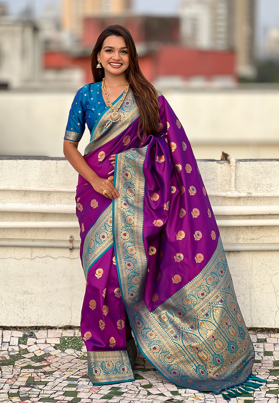 Wine Soft Silk with Sunflower Butta Meenakari Zari Saree Banarasi Saree Anant Tex Exports Pvt.Ltd..