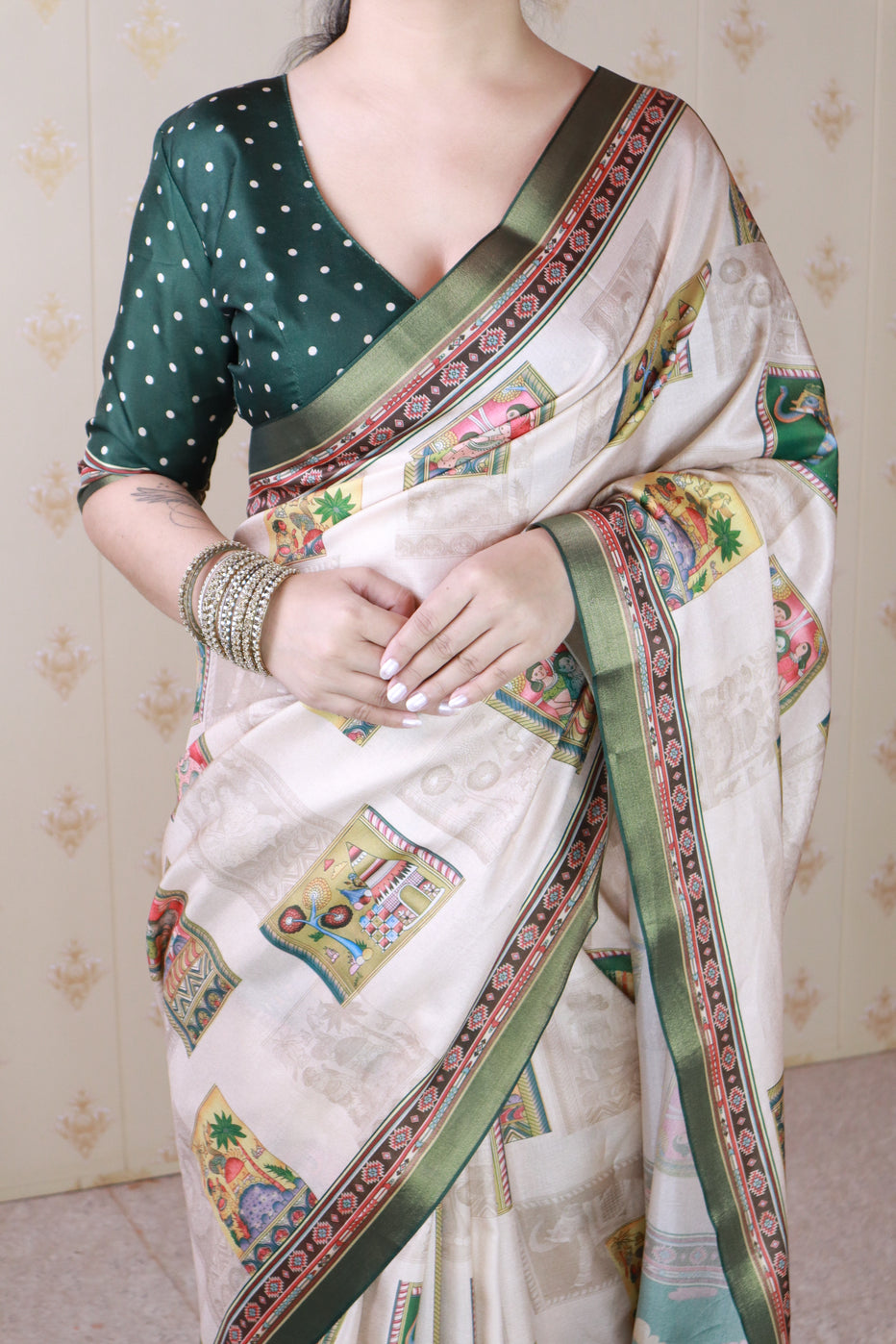 Green Pure Tussar Silk Bold Kalamkari Figure Printed Tussar Saree Tussar Saree Anant Tex Exports Pvt.Ltd..