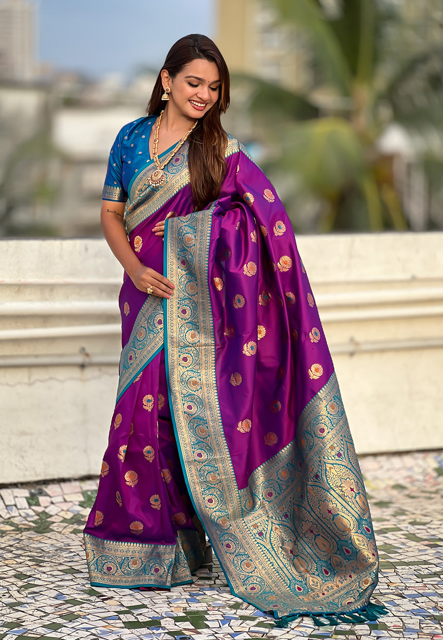 Wine Soft Silk with Sunflower Butta Meenakari Zari Saree Banarasi Saree Anant Tex Exports Pvt.Ltd..