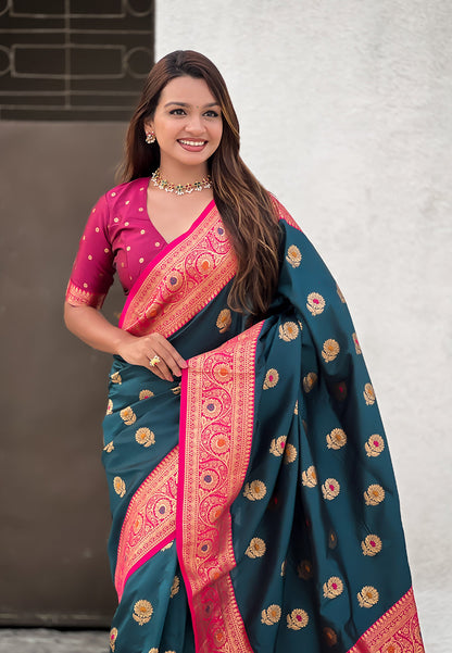 Denim Soft Silk with Sunflower Butta Meenakari Zari Saree Banarasi Saree Anant Tex Exports Pvt.Ltd..