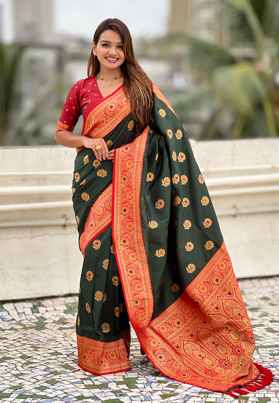 Bottle Green Soft Silk with Sunflower Butta Meenakari Zari Saree