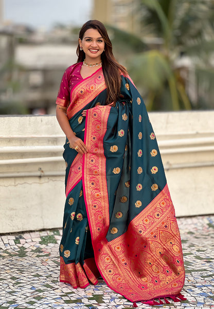 Denim Soft Silk with Sunflower Butta Meenakari Zari Saree Banarasi Saree Anant Tex Exports Pvt.Ltd..