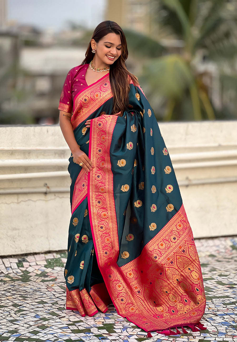 Denim Soft Silk with Sunflower Butta Meenakari Zari Saree Banarasi Saree Anant Tex Exports Pvt.Ltd..