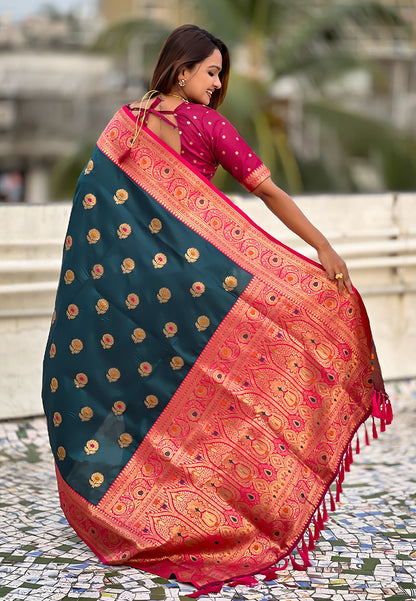 Denim Soft Silk with Sunflower Butta Meenakari Zari Saree Banarasi Saree Anant Tex Exports Pvt.Ltd..