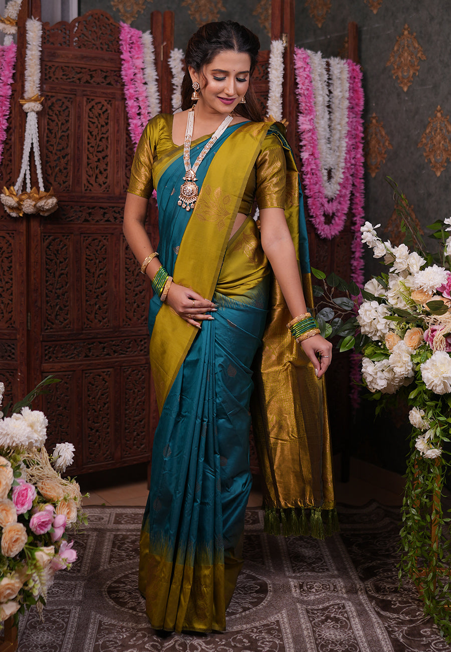 Sea Blue Soft Silk Floral Border Contrast Zari Soft Silk Saree