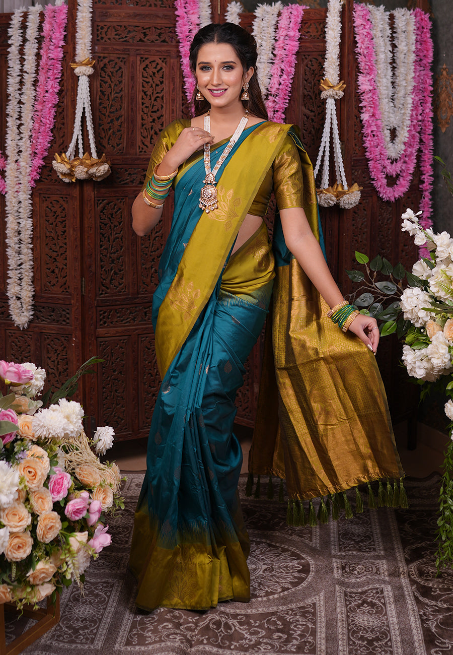 Sea Blue Soft Silk Floral Border Contrast Zari Soft Silk Saree