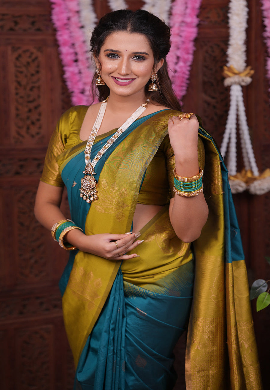 Sea Blue Soft Silk Floral Border Contrast Zari Soft Silk Saree