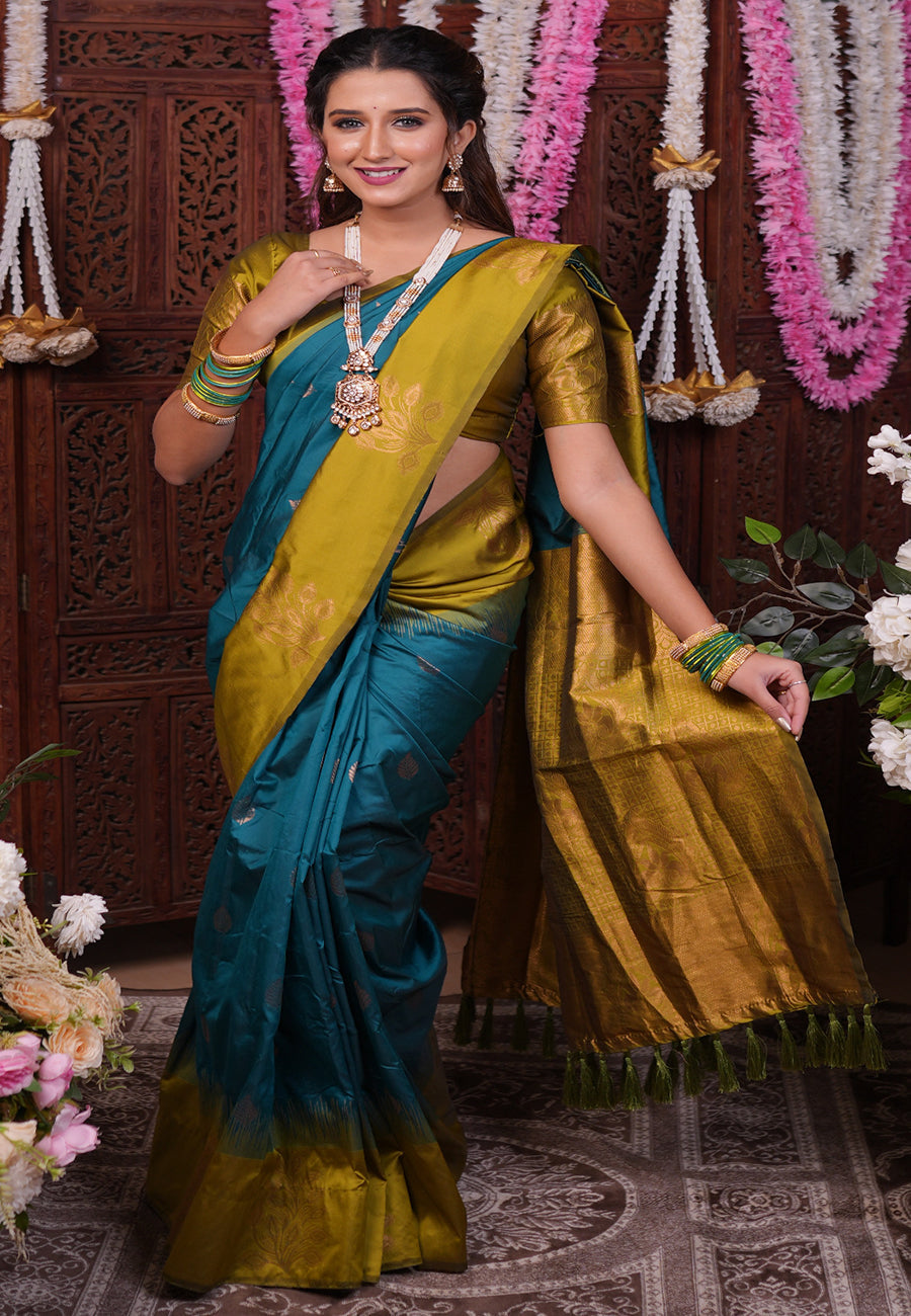 Sea Blue Soft Silk Floral Border Contrast Zari Soft Silk Saree