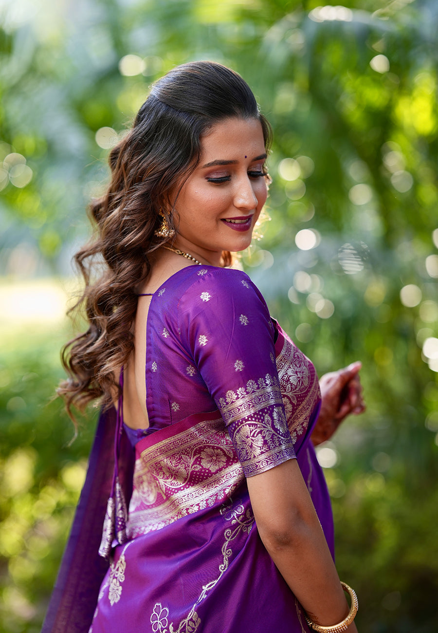 Purple Green Banarasi Jaal Soft Silk Zari Woven Saree