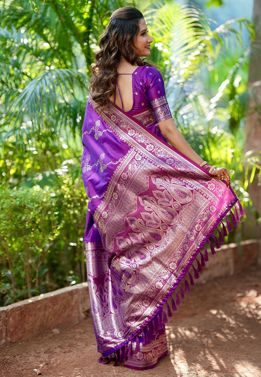 Purple Green Banarasi Jaal Soft Silk Zari Woven Saree