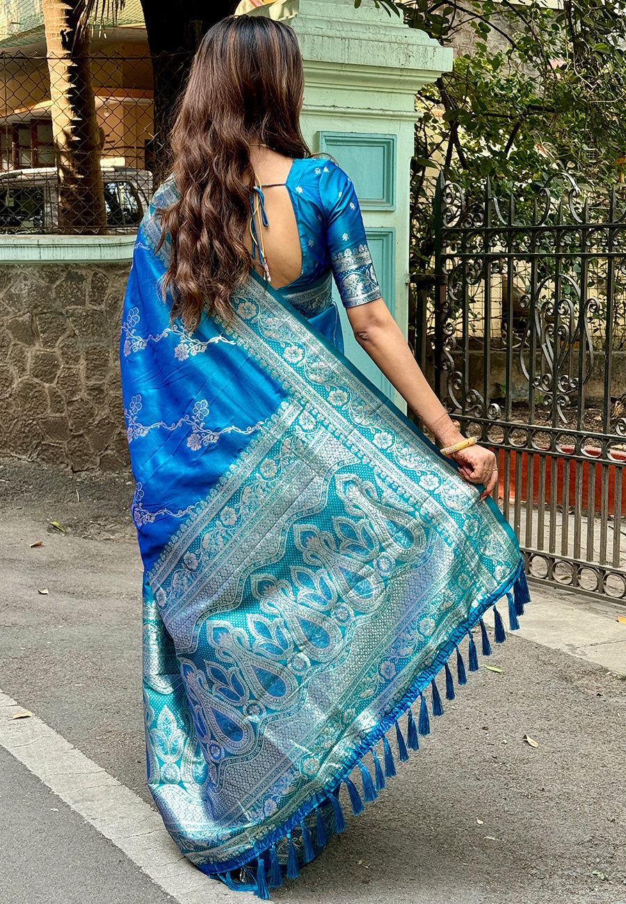 Blue Banarasi Jaal Soft Silk Zari Woven Saree Kanjivaram Saree Anant Tex Exports Pvt.Ltd..