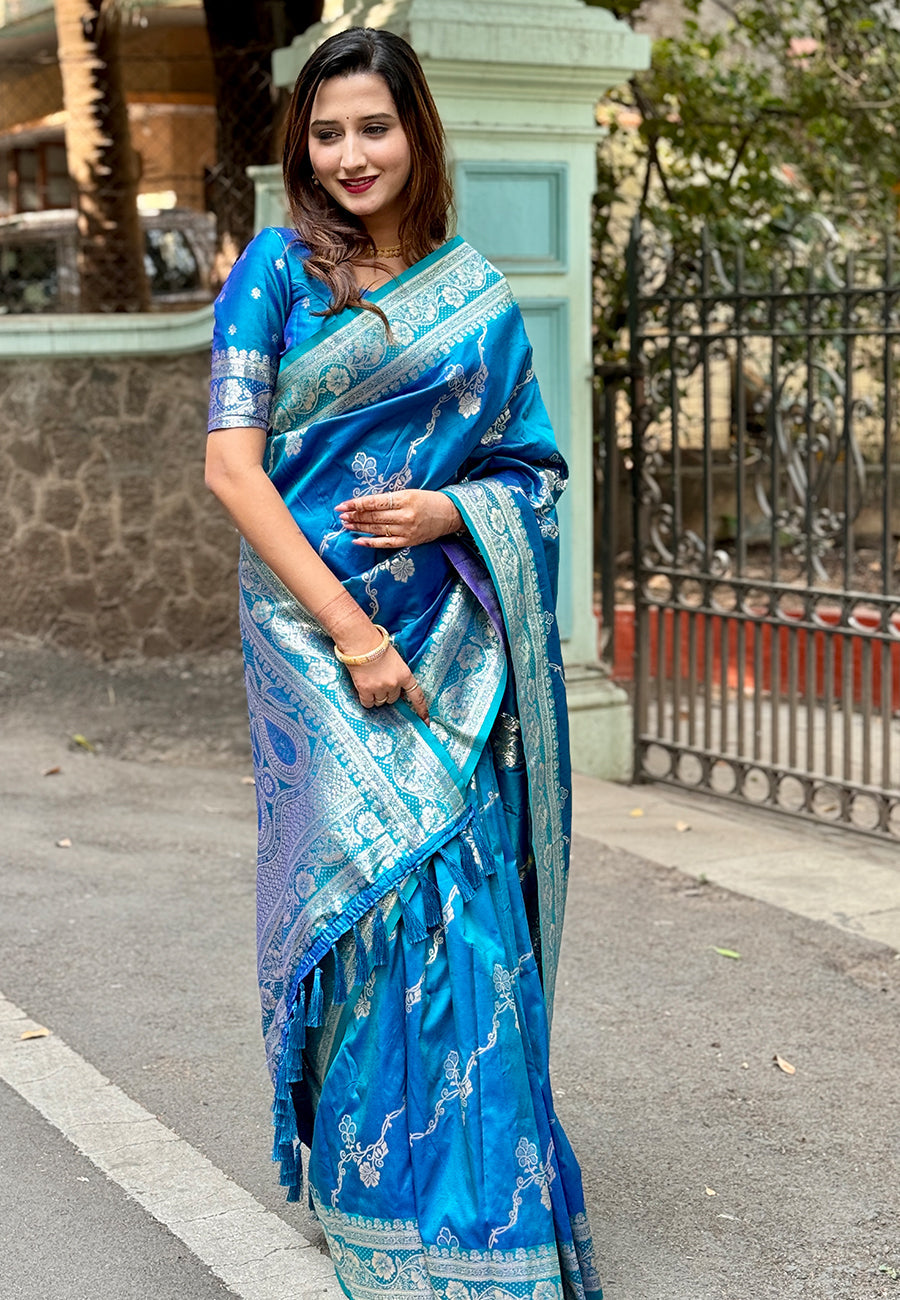 Blue Banarasi Jaal Soft Silk Zari Woven Saree Kanjivaram Saree Anant Tex Exports Pvt.Ltd..