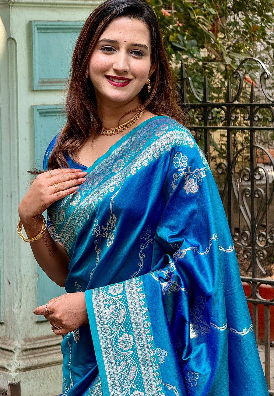Blue Banarasi Jaal Soft Silk Zari Woven Saree Kanjivaram Saree Anant Tex Exports Pvt.Ltd..
