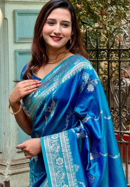 Blue Banarasi Jaal Soft Silk Zari Woven Saree Kanjivaram Saree Anant Tex Exports Pvt.Ltd..
