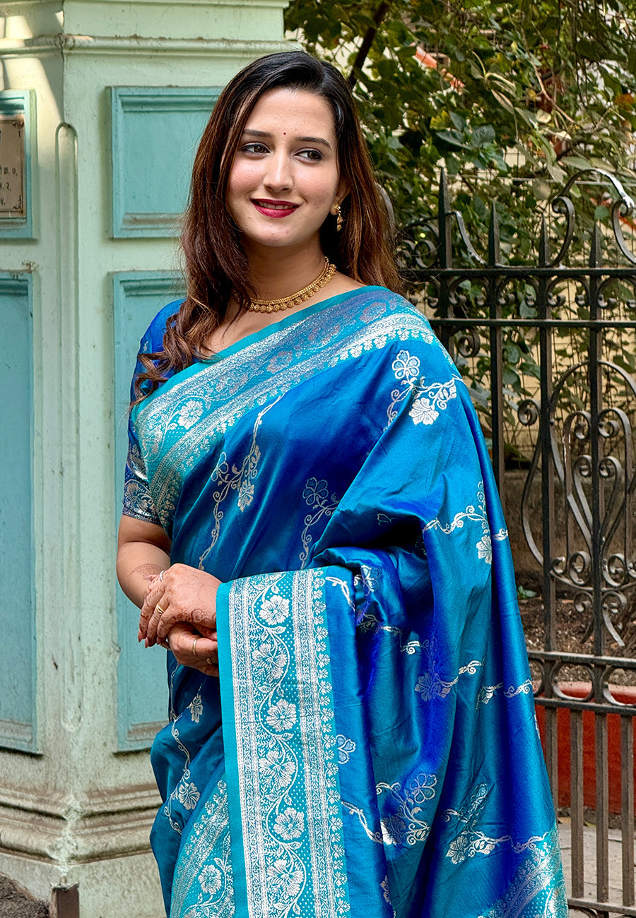 Blue Banarasi Jaal Soft Silk Zari Woven Saree Kanjivaram Saree Anant Tex Exports Pvt.Ltd..