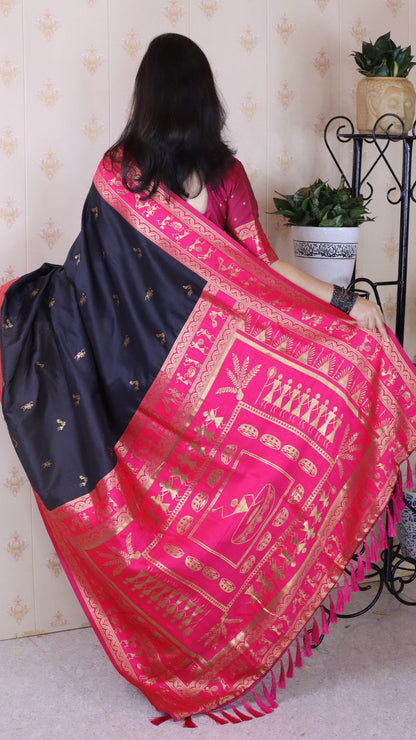 Black Soft Silk Zari Woven Warli Art Soft Silk Saree Banarasi Saree Anant Tex Exports Pvt.Ltd..