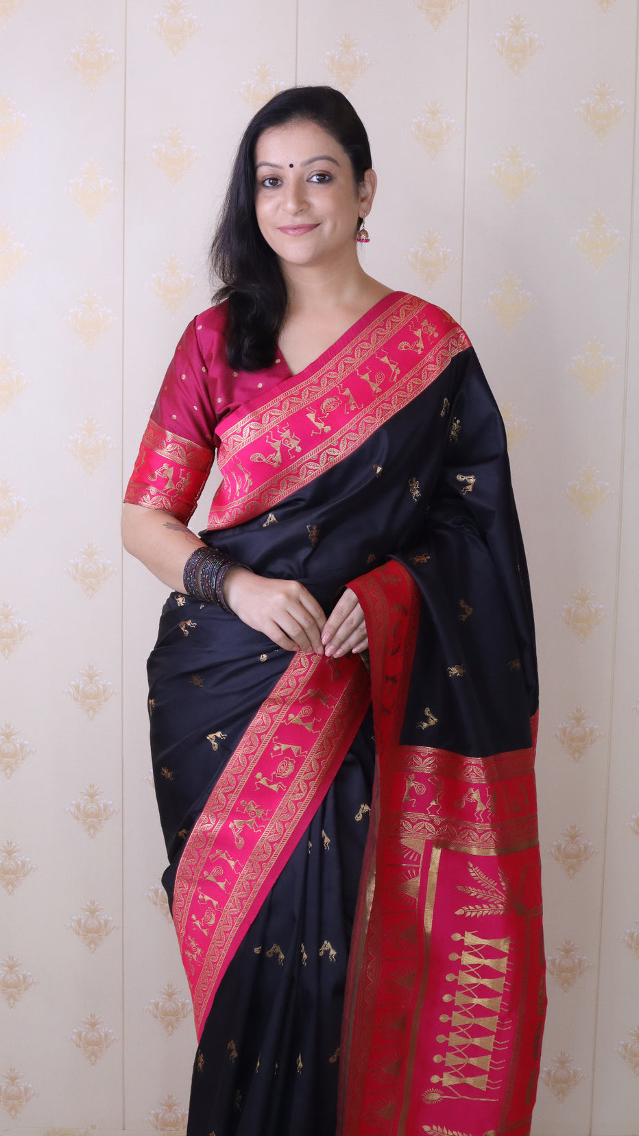 Black Soft Silk Zari Woven Warli Art Soft Silk Saree Banarasi Saree Anant Tex Exports Pvt.Ltd..