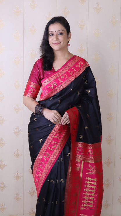 Black Soft Silk Zari Woven Warli Art Soft Silk Saree Banarasi Saree Anant Tex Exports Pvt.Ltd..