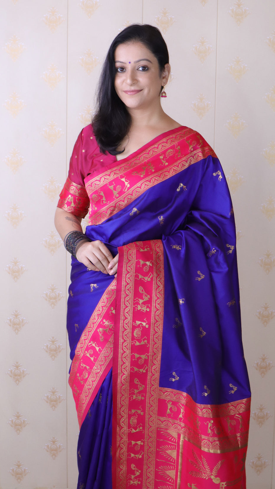 Violet Soft Silk Zari Woven Warli Art Soft Silk Saree