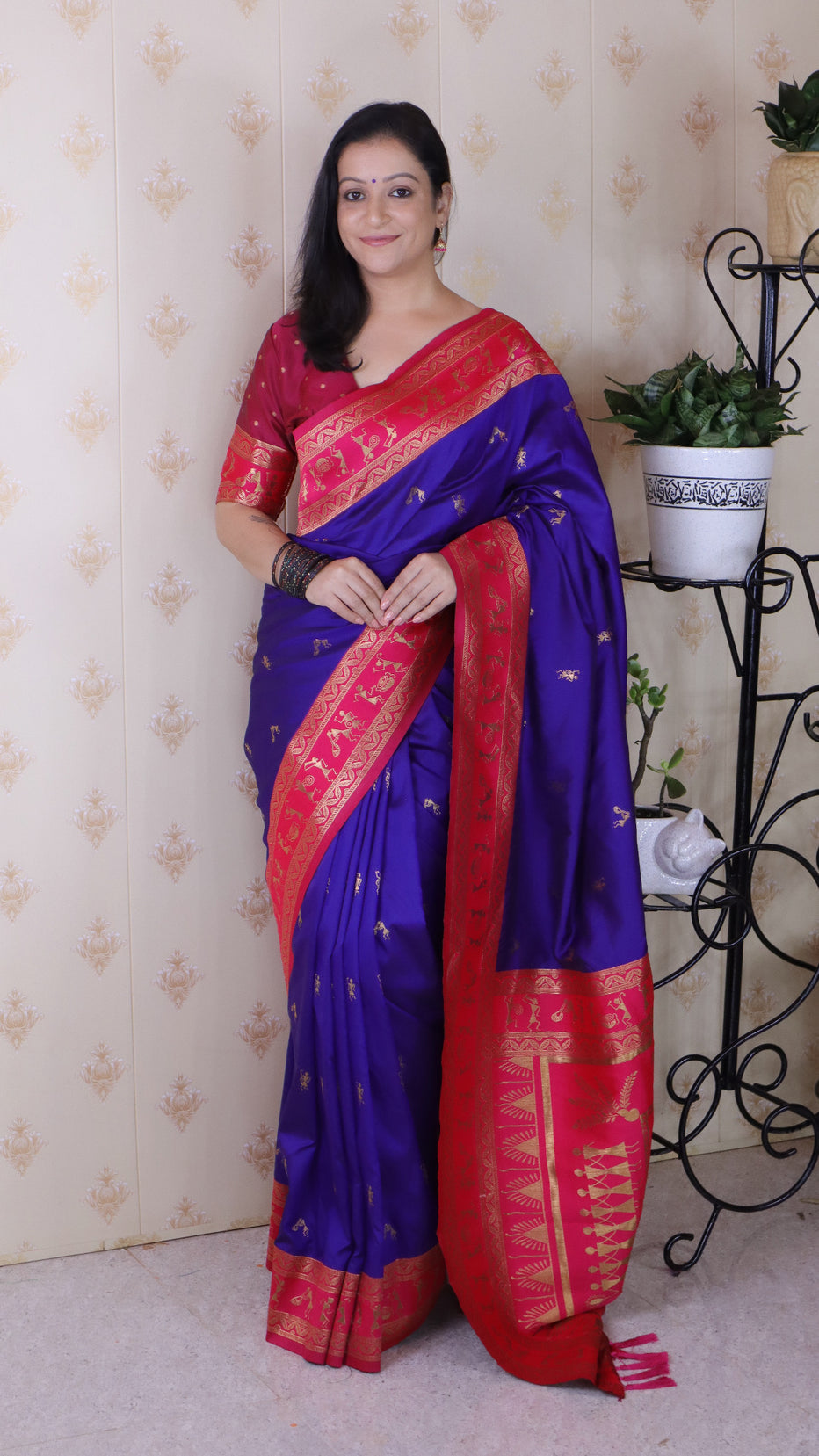Violet Soft Silk Zari Woven Warli Art Soft Silk Saree