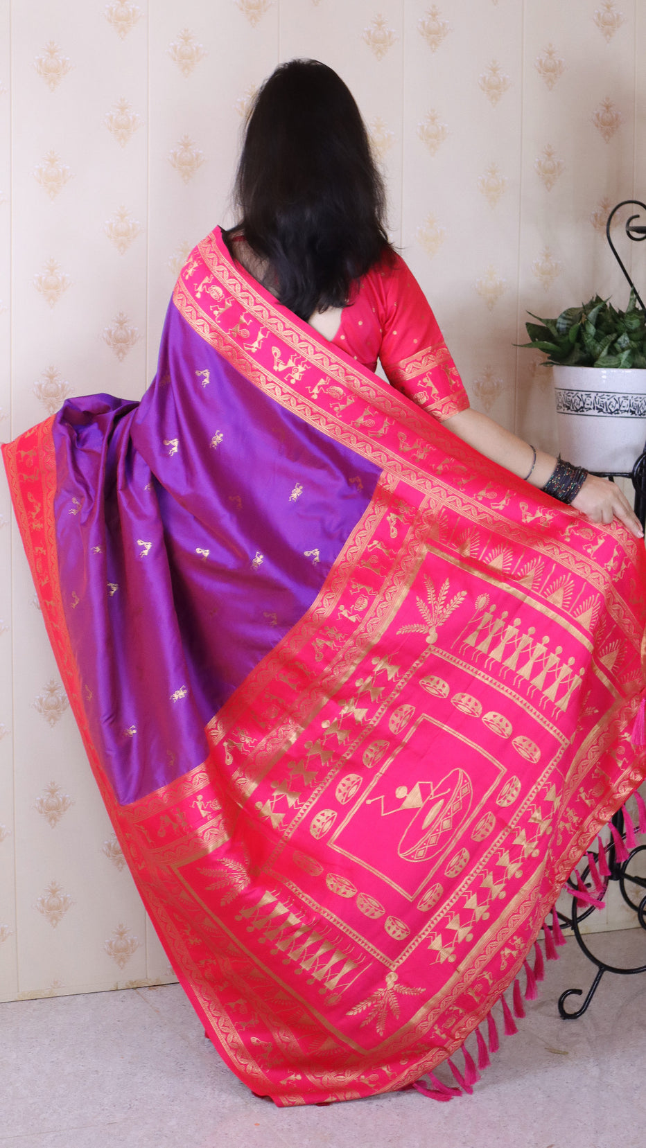 Purple Soft Silk Zari Woven Warli Art Soft Silk Saree