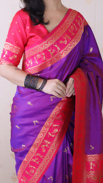 Purple Soft Silk Zari Woven Warli Art Soft Silk Saree Banarasi Saree Anant Tex Exports Pvt.Ltd..