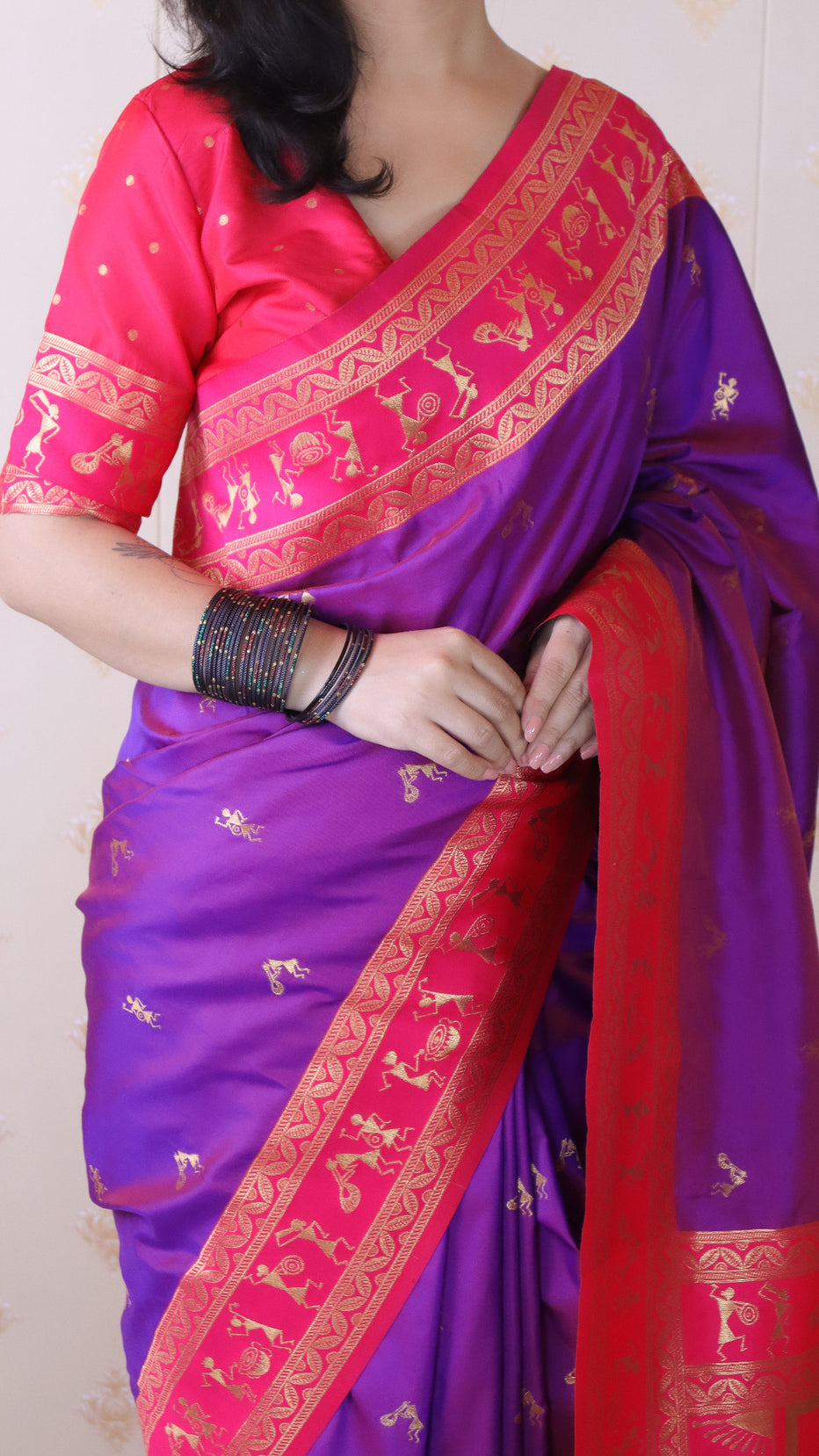 Purple Soft Silk Zari Woven Warli Art Soft Silk Saree
