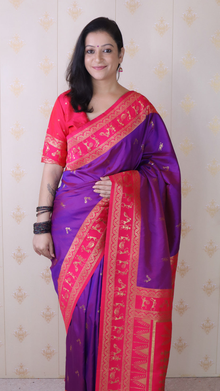 Purple Soft Silk Zari Woven Warli Art Soft Silk Saree