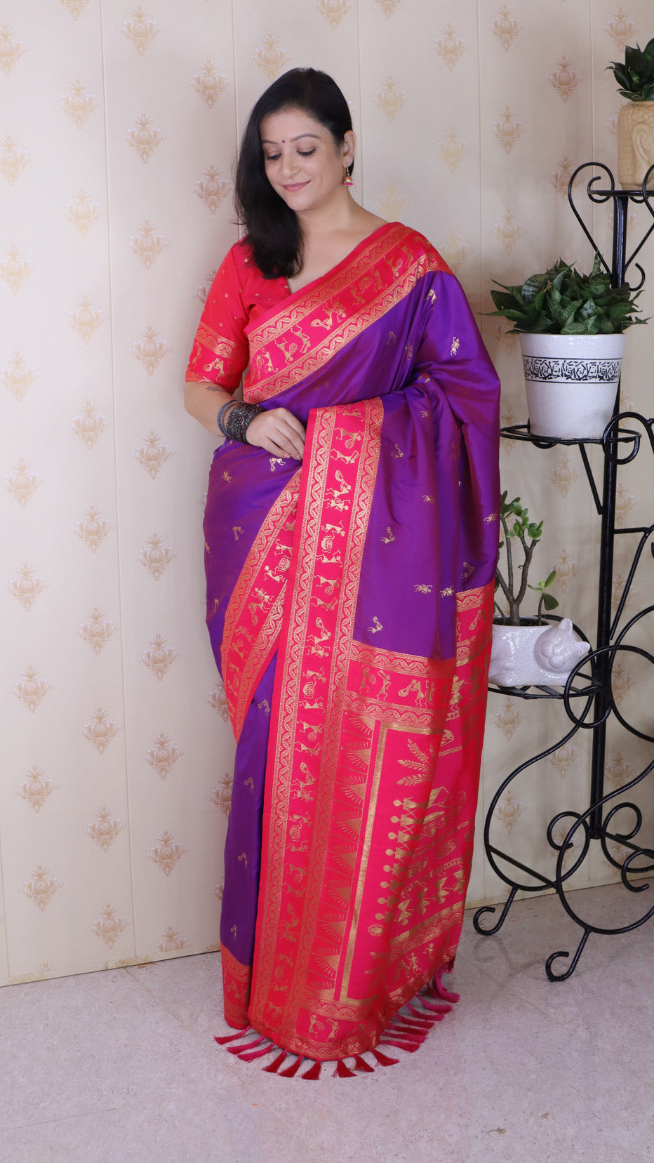 Purple Soft Silk Zari Woven Warli Art Soft Silk Saree