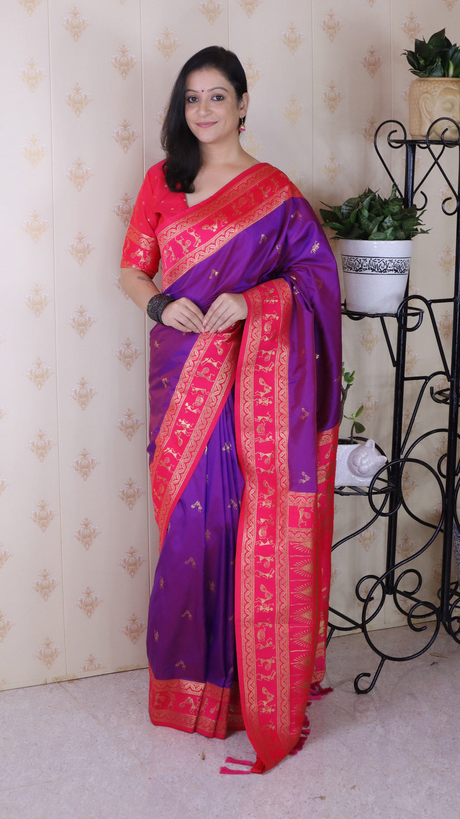 Purple Soft Silk Zari Woven Warli Art Soft Silk Saree