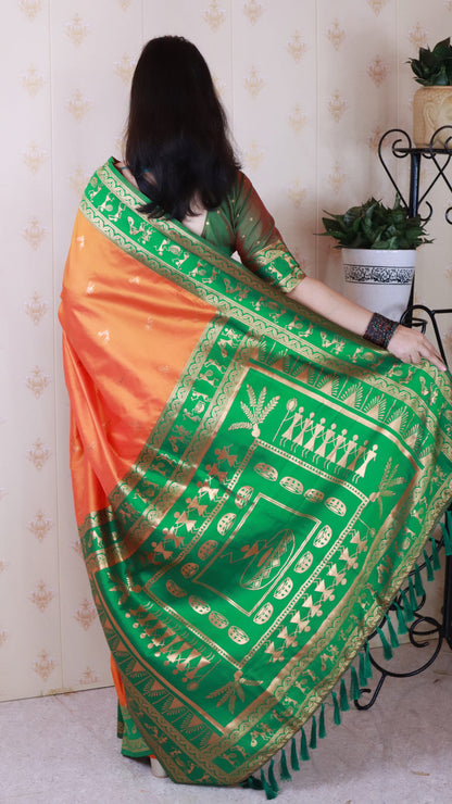 Orange Soft Silk Zari Woven Warli Art Soft Silk Saree Banarasi Saree Anant Tex Exports Pvt.Ltd..