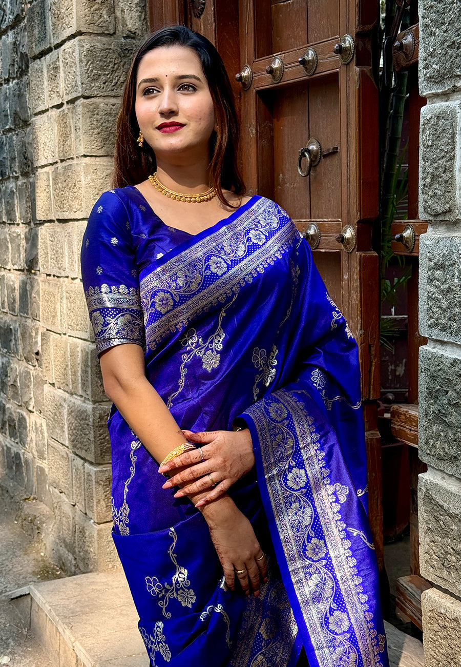 Violet Green Banarasi Jaal Soft Silk Zari Woven Saree