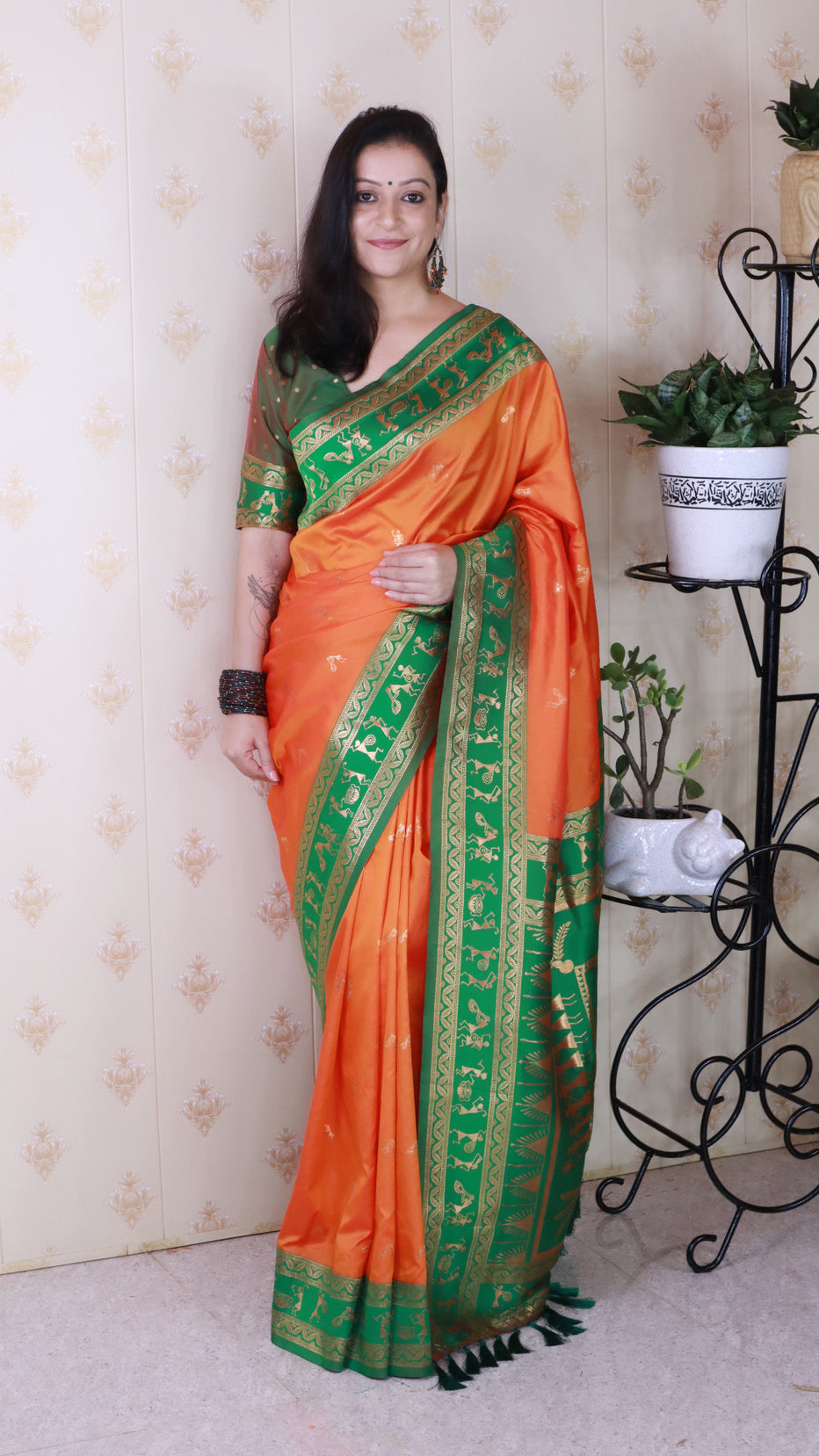 Orange Soft Silk Zari Woven Warli Art Soft Silk Saree Banarasi Saree Anant Tex Exports Pvt.Ltd..
