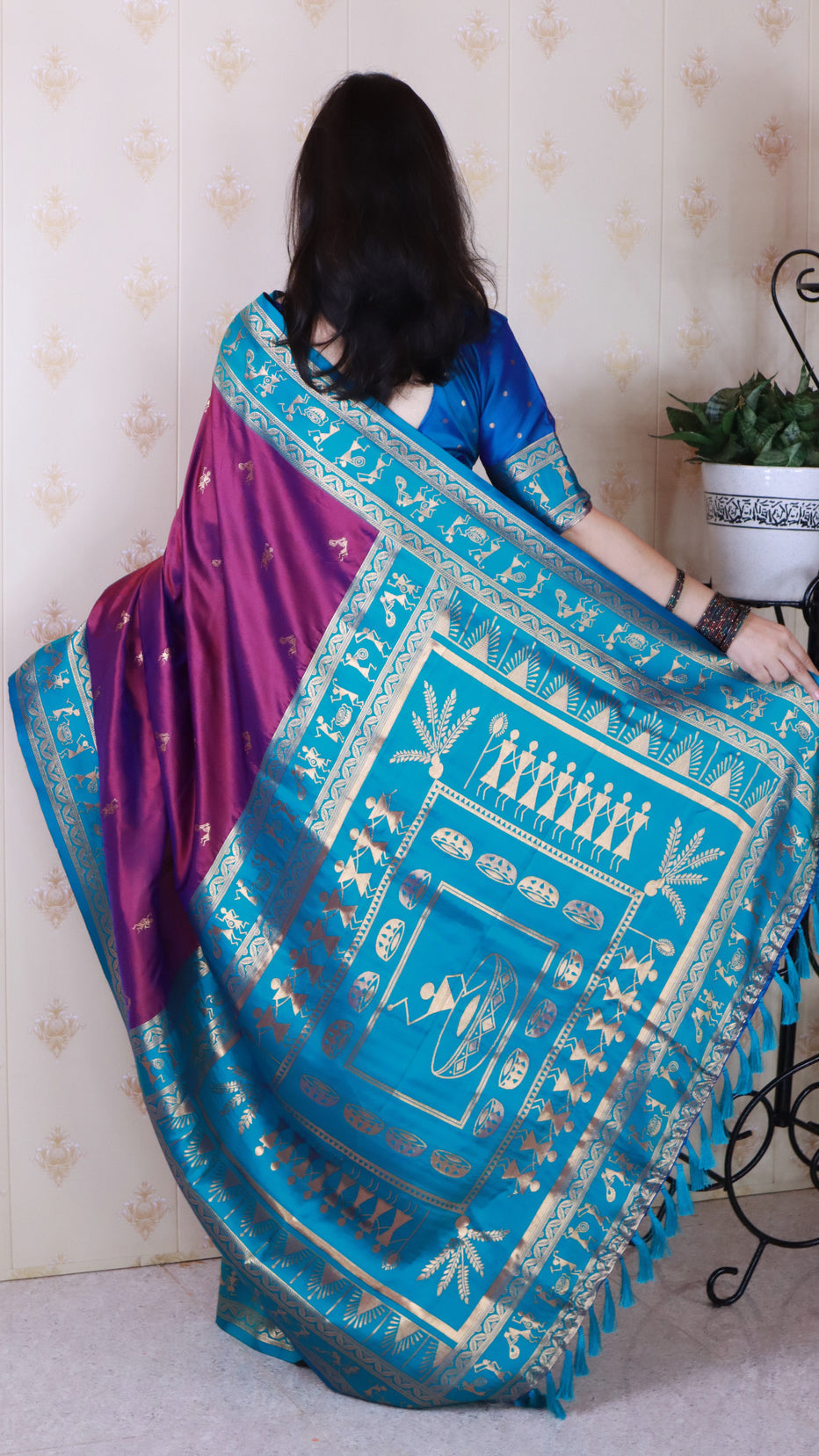 Purple Soft Silk Zari Woven Warli Art Soft Silk Saree