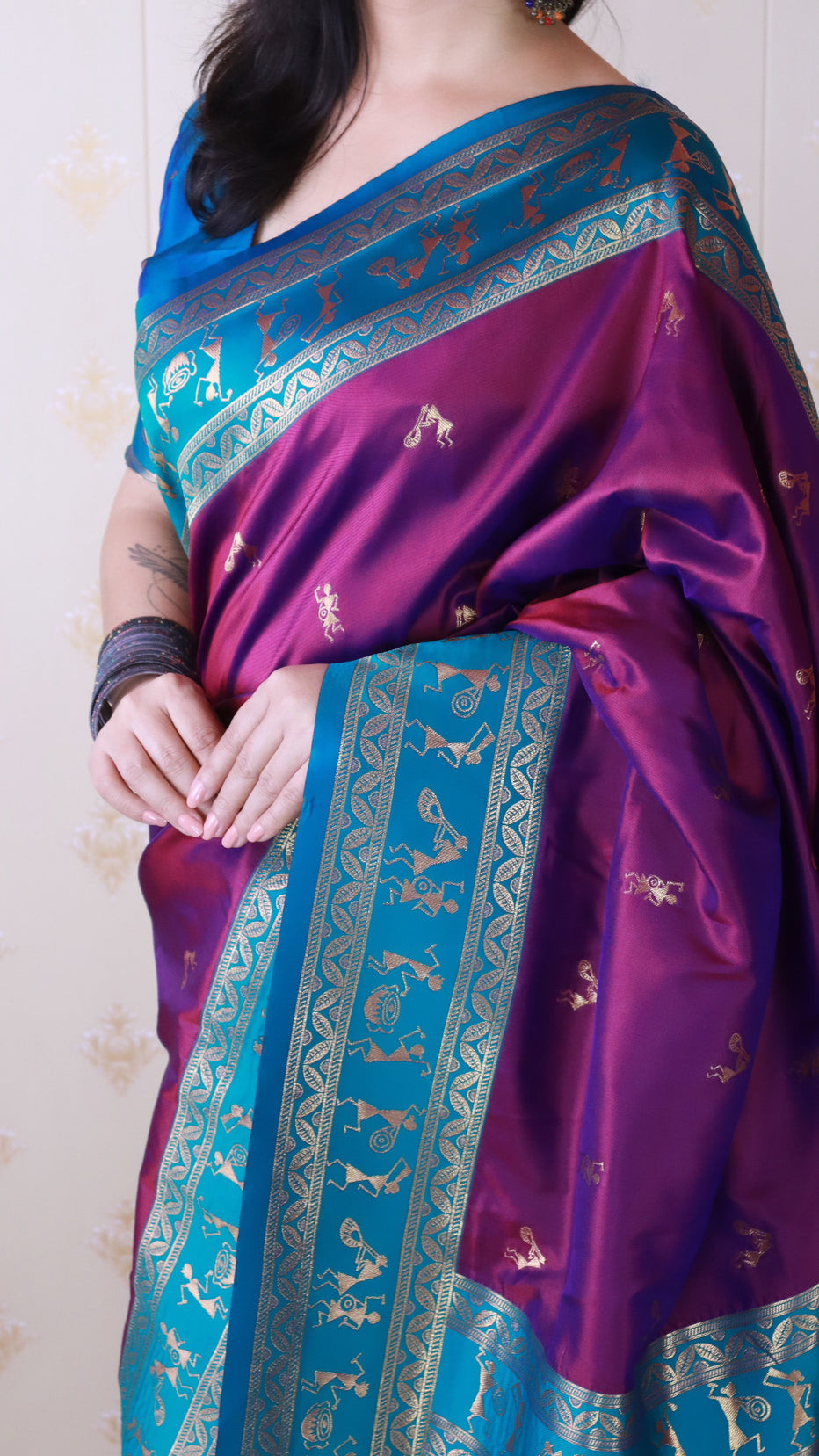Purple Soft Silk Zari Woven Warli Art Soft Silk Saree