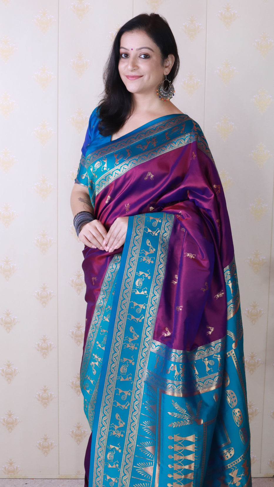 Purple Soft Silk Zari Woven Warli Art Soft Silk Saree