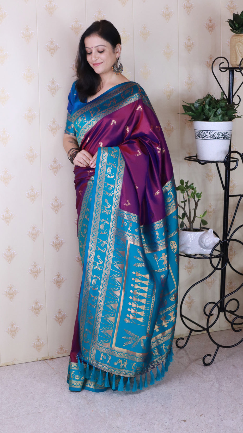 Purple Soft Silk Zari Woven Warli Art Soft Silk Saree