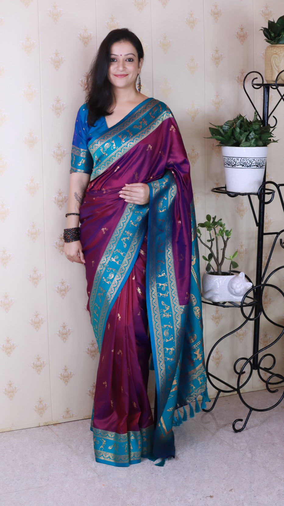 Purple Soft Silk Zari Woven Warli Art Soft Silk Saree