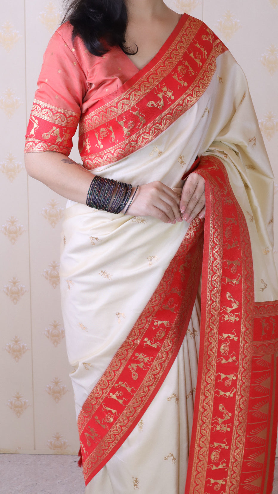 Cream Soft Silk Zari Woven Warli Art Soft Silk Saree Banarasi Saree Anant Tex Exports Pvt.Ltd..