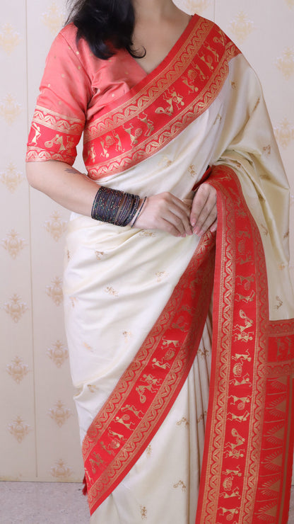 Cream Soft Silk Zari Woven Warli Art Soft Silk Saree Banarasi Saree Anant Tex Exports Pvt.Ltd..