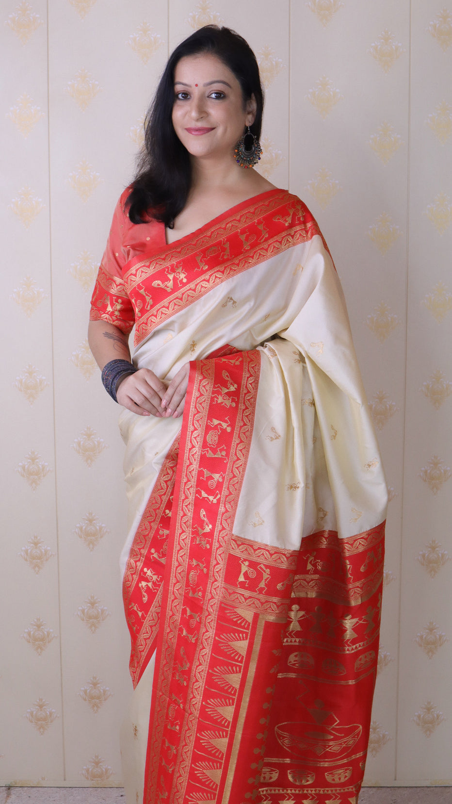 Cream Soft Silk Zari Woven Warli Art Soft Silk Saree Banarasi Saree Anant Tex Exports Pvt.Ltd..