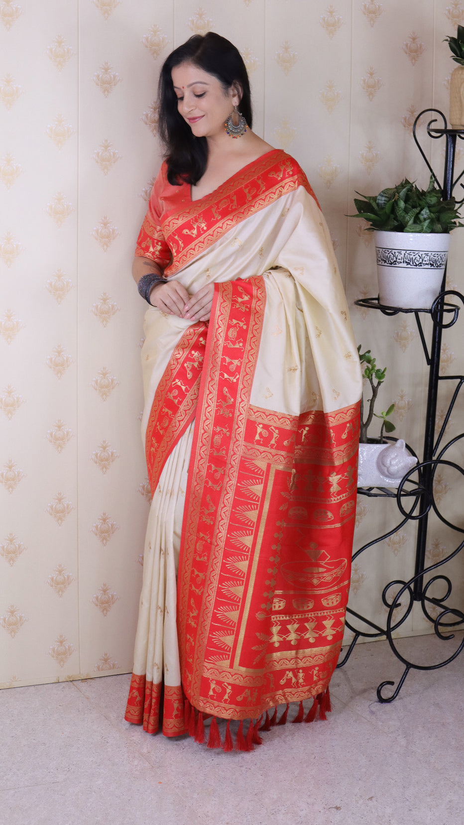 Cream Soft Silk Zari Woven Warli Art Soft Silk Saree Banarasi Saree Anant Tex Exports Pvt.Ltd..