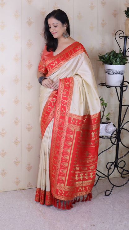 Cream Soft Silk Zari Woven Warli Art Soft Silk Saree Banarasi Saree Anant Tex Exports Pvt.Ltd..